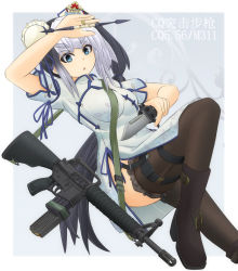 Rule 34 | 1girl, arm up, assault rifle, bayonet, black footwear, black thighhighs, blue eyes, boots, buckle, bun cover, carrying, china dress, chinese clothes, chinese text, commentary request, dress, dual wielding, green dress, grey background, gun, gun sling, hair bun, hair ornament, hair tie, highres, holding, holding knife, jewelry, knife, leg up, light frown, long hair, looking at viewer, lying, m16, md5 mismatch, mikeran (mikelan), military, multicolored hair, on back, original, outside border, parted lips, resolution mismatch, rifle, ring, short dress, short sleeves, side ponytail, side slit, silver hair, single hair bun, snap-fit buckle, solo, source smaller, thigh strap, thighhighs, translation request, two-tone hair, v-shaped eyebrows, weapon, weapon request