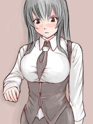 Rule 34 | 00s, 1girl, black necktie, blush, breasts, casual, collared shirt, dress shirt, female focus, grey background, large breasts, long hair, long sleeves, looking down, lowres, necktie, red eyes, rozen maiden, shirt, silver hair, simple background, solo, suigintou, upper body, white shirt