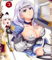 Rule 34 | 2girls, annelotte, armor, blue eyes, breasts, cleavage, fighting, highres, large breasts, long hair, multiple girls, official art, queen&#039;s blade, shield, smile, snow white (queen&#039;s blade), standing, sword, weapon, white hair