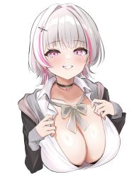 Rule 34 | 1girl, alternate breast size, asumi sena, black bra, black choker, black jacket, blush, bow, bowtie, bra, bra peek, breasts, choker, cleavage, collarbone, grey bow, grey bowtie, grey hair, grin, hair ornament, hands on own chest, heart, heart necklace, highres, jacket, jewelry, large breasts, looking at viewer, multicolored hair, necklace, open clothes, open shirt, pink eyes, pink hair, prsdubstep, shirt, simple background, sleeves past wrists, smile, solo, streaked hair, underwear, upper body, virtual youtuber, vspo!, white background, white shirt