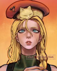Rule 34 | 1girl, animal, animal on head, artist name, ayaki blade, beret, blonde hair, blue eyes, blurry, braid, cammy white, cat, cat on head, chromatic aberration, eyelashes, facial scar, hair over shoulder, hat, highres, long hair, looking up, on head, parted lips, portrait, red hat, scar, scar on cheek, scar on face, single braid, sleeveless, sleeveless turtleneck, solo, street fighter, street fighter ii (series), turtleneck, twitter username, watermark