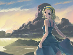 1girl archived_source bare_shoulders blonde_hair blue_eyes cloud commentary_request cumulonimbus_cloud hairband looking_at_viewer mountainous_horizon original outdoors scenery short_hair sky smile solo twoirons