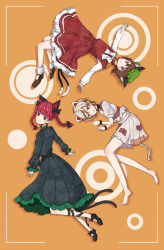 Rule 34 | 3girls, animal ears, barefoot, bell, black bow, black footwear, black ribbon, bow, bowtie, braid, brown hair, cat ears, cat girl, cat tail, chen, commentary request, dress, extra ears, frilled skirt, frills, goutokuji mike, green dress, green headwear, hair bow, hat, highres, hiratose02 (mxx 459), kaenbyou rin, leg ribbon, long sleeves, medium hair, mob cap, multiple girls, multiple tails, neck bell, nekomata, orange background, pointy ears, red hair, red skirt, red vest, ribbon, shirt, short hair, short sleeves, side braids, simple background, skirt, socks, tail, touhou, twin braids, two tails, vest, white bow, white bowtie, white hair, white shirt, white skirt, white socks