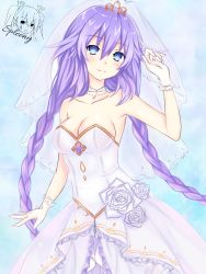 Rule 34 | 1girl, artist name, bare shoulders, blue eyes, breasts, commentary, dress, hair ornament, hand up, highres, jewelry, long hair, looking at viewer, medium breasts, necklace, neptune (series), purple heart (neptunia), self-upload, signature, smile, spleeny, symbol in eye, twintails, wedding, wedding dress, white dress