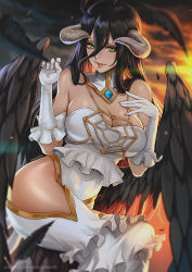 Rule 34 | 1girl, albedo (overlord), black hair, blush, breasts, cleavage, demon girl, dress, gloves, highres, horns, jewelry, large breasts, lips, long hair, looking at viewer, magion02, overlord (maruyama), smile, solo, thighs, white dress, wings