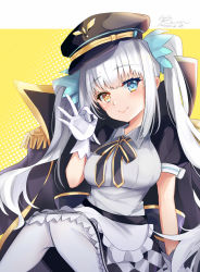 Rule 34 | 1girl, blue eyes, blush, breasts, gloves, hair ornament, hat, heterochromia, kagura gumi, kagura mea, kevn, long hair, looking at viewer, medium breasts, military hat, pantyhose, signature, silver hair, smile, solo, twintails, virtual youtuber, white pantyhose, yellow eyes
