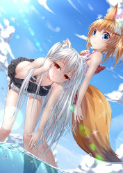 Rule 34 | 2girls, @ @, animal ear fluff, animal ears, arm up, bare arms, bare shoulders, bell, bikini, black bikini, blue eyes, blue sky, bow, breasts, brown hair, cat ears, cleavage, closed mouth, cloud, collarbone, commentary request, crossover, day, fingernails, fox ears, fox girl, fox tail, hair between eyes, hair ornament, hairclip, hand in own hair, jingle bell, kemomimi oukoku kokuei housou, leaning forward, long hair, looking at viewer, medium breasts, mikoko (kemomimi oukoku kokuei housou), multiple girls, nora cat, nora cat channel, outdoors, red bow, red eyes, shun no shun, silver hair, sky, smile, sunlight, swimsuit, tail, very long hair, virtual youtuber, wading, water