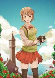 Rule 34 | 1girl, absurdres, blue sky, bow, bowtie, brown eyes, brown hair, building, camera, clock, clock tower, flower, goto (boxman), highres, holding, holding camera, long sleeves, looking at viewer, ocean, original, red skirt, rose, ship, shirt, short hair, skirt, sky, standing, sweater vest, thighhighs, tower, water, watercraft, white shirt