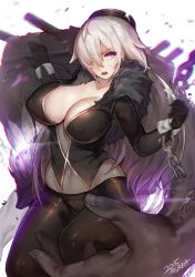 Rule 34 | 10s, 1girl, abyssal ship, atago (kancolle), black gloves, breasts, chain, cleavage, corruption, dark persona, covered erect nipples, female focus, gloves, hat, highres, kantai collection, large breasts, long hair, looking at viewer, mukka, open mouth, pantyhose, purple eyes, silver hair, solo, thighband pantyhose