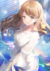 Rule 34 | 1girl, blue shorts, blush, brown eyes, brown hair, building, collarbone, commentary request, earrings, floating hair, jacket, jewelry, kagachi saku, long hair, long sleeves, original, parted lips, puffy long sleeves, puffy sleeves, reflection, see-through, shirt, short shorts, shorts, signature, skyscraper, smile, solo, water, watermark, web address, white jacket, white shirt, wide sleeves