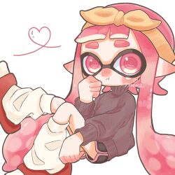 Rule 34 | 1girl, @ @, artist name, black shorts, bow, commentary, full body, grey sweater, hairband, heart, highres, inkling, inkling girl, inkling player character, leg warmers, long hair, mina p, nintendo, pink eyes, pink hair, pink trim, pointy ears, red footwear, sandals, short shorts, shorts, simple background, sitting, solo, splatoon (series), splatoon 3, sweater, tentacle hair, thick eyebrows, turtleneck, turtleneck sweater, white background, yellow bow, yellow hairband
