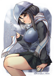 Rule 34 | 10s, 1girl, bare legs, blue hat, blush, breasts, brown eyes, enpera, girls und panzer, hat, jacket, large breasts, long hair, looking at viewer, mika (girls und panzer), military, military uniform, miniskirt, one eye closed, pleated skirt, scarf, school uniform, shinshin, skirt, smile, solo, track jacket, translation request, uniform
