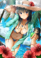 Rule 34 | 10s, 2girls, ball, bikini, black hair, blue eyes, blue sky, blush, breasts, brown eyes, checkered bikini, checkered clothes, cleavage, cloud, cloudy sky, day, flower, hair ribbon, hand on own knee, hat, hibiscus, highres, idolmaster, idolmaster cinderella girls, jacket, jewelry, kuria (clear trip second), large breasts, lens flare, long hair, looking at viewer, multiple girls, necklace, ocean, partially submerged, ribbon, sagisawa fumika, sky, smile, straw hat, swimsuit, tachibana arisu, tan, tanline, wet