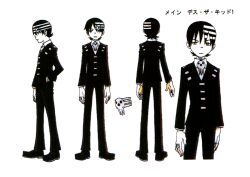 Rule 34 | 00s, 1boy, absurdres, black hair, bones (company), character sheet, death the kid, formal, full body, highres, jewelry, looking at viewer, multiple views, official art, ring, scan, short hair, simple background, solo, soul eater, spiked hair, standing, suit, translation request, white background