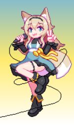 Rule 34 | 1girl, animal ears, arknights, blue dress, bow, dog ears, dog girl, dog tail, dress, full body, pixel art, podenco (arknights), simple background, solo, tail, thejunebug, yellow bow