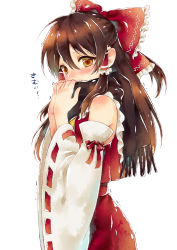 Rule 34 | 1girl, black scarf, blush, bow, brown hair, covering own mouth, detached sleeves, frilled bow, frills, from side, hair between eyes, hair bow, hakurei reimu, kirisita, long hair, long sleeves, print bow, red bow, red ribbon, red shirt, red skirt, ribbon, ribbon-trimmed sleeves, ribbon trim, scarf, shirt, simple background, skirt, sleeveless, sleeveless shirt, solo, standing, touhou, white background, white sleeves, wide sleeves, yellow eyes