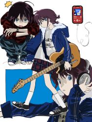 acoustic_guitar aeo444 ahoge black_hair blue_eyes electric_guitar girls_band_cry guitar headphones highres holding holding_instrument hood hood_down hooded_jacket instrument iseri_nina jacket multiple_girls multiple_views music pants playing_instrument plectrum short_hair