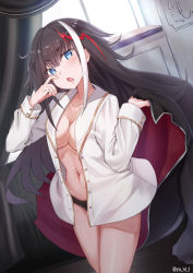 Rule 34 | 1girl, azur lane, bad id, bad pixiv id, black hair, black panties, blue eyes, blush, breasts, cleavage, coat, collarbone, cowboy shot, deutschland (azur lane), fang, hair between eyes, highres, holding, holding clothes, holding coat, indoors, light particles, light rays, long hair, long sleeves, looking at viewer, medium breasts, messy hair, mid-stride, multicolored hair, navel, no bra, open clothes, open mouth, open shirt, panties, red hair, scratching cheek, shirt, sidelocks, silver hair, stomach, streaked hair, thighs, twitter username, unbuttoned, unbuttoned shirt, underwear, very long hair, waking up, walking, white shirt, window, yu ni t