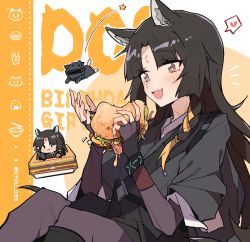 Rule 34 | + +, 1girl, 1other, :d, animal ear fluff, animal ears, animalization, arknights, artist name, black hair, blush, bracelet, brown eyes, burger, chibi, chibi inset, doctor (arknights), dog ears, elbow gloves, facial mark, fang, food, forehead mark, gloves, happy birthday, heart, highres, holding, holding food, infection monitor (arknights), jewelry, jumping, kyou 039, long hair, long sleeves, open mouth, parted bangs, purple gloves, saga (arknights), sitting, skin fang, smile, sparkling eyes, speech bubble, spoken heart, star (symbol), tasuki, twitter username, very long hair