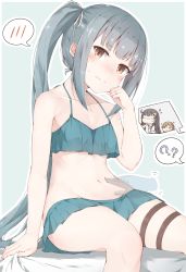 Rule 34 | 3girls, aqua background, arashio (kancolle), bikini, black hair, blindfold, blush, brown eyes, brown hair, closed mouth, collarbone, commentary request, closed eyes, female admiral (kancolle), green bikini, grey hair, groin, highres, jewelry, kantai collection, kasumi (kancolle), long hair, looking at viewer, multiple girls, navel, open mouth, revision, ring, side ponytail, simple background, sitting, spoken blush, swimsuit, thigh strap, yui (seiga)