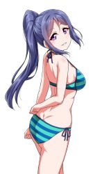 Rule 34 | 1girl, arm behind back, ass, bare arms, bare legs, bikini, blue hair, blush, breasts, clenched hands, dimples of venus, halterneck, high ponytail, long hair, looking at viewer, looking back, love live!, love live! school idol festival, love live! sunshine!!, matsuura kanan, medium breasts, purple eyes, sidelocks, simple background, smile, solo, solo focus, string bikini, striped bikini, striped clothes, swimsuit, white background, yopparai oni