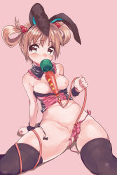 Rule 34 | 1girl, amezawa koma, animal ears, black thighhighs, blush, breast slip, breasts, brown eyes, brown hair, cable, hair rings, hitachi magic wand, looking at viewer, mouth hold, navel, nipples, one breast out, original, panties, rabbit ears, sex toy, side-tie panties, simple background, sitting, solo, thighhighs, underwear, untied, vibrator