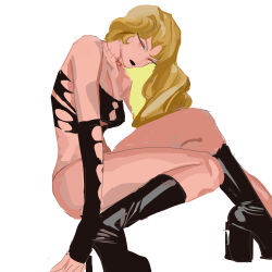 Rule 34 | 1girl, absurdres, ashva, ass, black footwear, black lips, blonde hair, boots, bottomless, breasts, cleavage, clothing cutout, dio brando, elbow gloves, genderswap, genderswap (mtf), gloves, highres, jojo no kimyou na bouken, large breasts, long hair, looking at viewer, orange eyes, scar, scar on neck, solo, stardust crusaders, strapless, thick thighs, thighs, tube top, white background