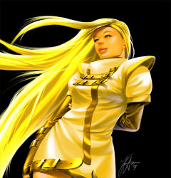Rule 34 | 1girl, alternate color, arm behind back, blonde hair, blue eyes, dress, elbow gloves, fingerless gloves, gloves, glowing, guilty gear, guilty gear x, guilty gear xx, hand on own arm, headband, holding own arm, lips, long hair, millia rage, nose, realistic, sate-bang-somad, short dress, smile, solo, very long hair