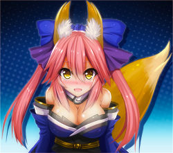 Rule 34 | 10s, 1girl, animal ears, bare shoulders, blush, breasts, cleavage, detached sleeves, fate/extra, fate/extra ccc, fate (series), fox ears, fox tail, hair ribbon, japanese clothes, kouzuki tsubasa (musou kaidou), large breasts, looking at viewer, pink hair, ribbon, solo, tail, tamamo (fate), tamamo no mae (fate/extra), twintails, yellow eyes