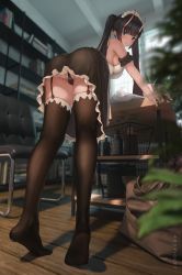 Rule 34 | 1girl, absurdres, apron, artist name, ass, azur lane, bent over, black dress, black garter straps, black hair, black panties, black thighhighs, blurry, blurry foreground, breasts, chair, dress, from behind, from below, full body, garter straps, highres, horns, leaning forward, long hair, looking at viewer, maid apron, medium breasts, noshiro (azur lane), noshiro (hold the ice) (azur lane), official alternate costume, oni horns, panties, purple eyes, rodriguez (kamwing), shadow, sleeveless, sleeveless dress, solo, thighhighs, twintails, underwear, white apron, wooden floor