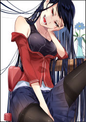 Rule 34 | 1girl, bare shoulders, between legs, black border, black one-piece swimsuit, black pantyhose, blue flower, blue hair, blue skirt, blush, border, breasts, chair, channee (cluseller), cleavage, cluseller, collarbone, fang, female focus, flower, half-closed eyes, hand between legs, hand up, happy, head rest, head tilt, jacket, leg up, long hair, looking at viewer, medium breasts, miniskirt, nose blush, off shoulder, one-piece swimsuit, open mouth, original, outside border, pantyhose, pleated skirt, red eyes, red jacket, shiny clothes, shiny skin, simple background, sitting, skindentation, skirt, smile, solo, swimsuit, swimsuit under clothes, table, teeth, thighband pantyhose, thighhighs, tongue, vase, very long hair, white background