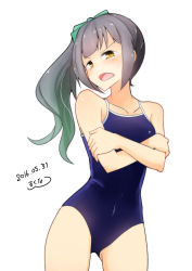 Rule 34 | &gt;:o, 10s, 1girl, 2016, :o, angry, artist name, blue one-piece swimsuit, blunt bangs, blush, collarbone, competition school swimsuit, cowboy shot, crossed arms, dated, gradient hair, green ribbon, grey hair, hair ribbon, kantai collection, kasumi (kancolle), kitaminami, long hair, looking at viewer, multicolored hair, one-piece swimsuit, open mouth, ponytail, ribbon, school swimsuit, side ponytail, sidelocks, signature, simple background, solo, standing, sweatdrop, swimsuit, v-shaped eyebrows, white background, yellow eyes