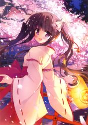 Rule 34 | 1girl, :d, absurdres, bell, blush, bow, brown hair, cherry blossoms, frilled sleeves, frills, from side, hair bell, hair bow, hair ornament, highres, holding, japanese clothes, jingle bell, lantern, long hair, looking at viewer, mamita, miko, night, open mouth, outdoors, paper lantern, petals, purple eyes, ribbon-trimmed sleeves, ribbon trim, scan, sidelocks, smile, solo, tree, twintails, wide sleeves