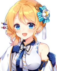 Rule 34 | 1girl, :d, alternate hairstyle, ayase eli, blonde hair, blue bow, blue eyes, blue gloves, blush, bow, bowtie, clenched hands, commentary request, detached sleeves, flower, gloves, hair bow, hair flower, hair ornament, hair stick, kanzashi, looking at viewer, love live!, love live! school idol festival, love live! school idol project, nameneko (124), open mouth, side ponytail, smile, solo, striped bow, striped bowtie, striped clothes, striped neckwear, tassel, upper body, white background, white flower, wide sleeves
