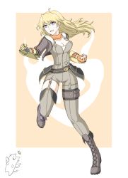 Rule 34 | 1girl, absurdres, ahoge, asymmetrical clothes, blonde hair, boots, border, breasts, brown footwear, cat, cleavage, clenched hands, cropped jacket, cross-laced footwear, ember celica (rwby), fingerless gloves, garter straps, gloves, hair between eyes, halo, highres, knee boots, lace-up boots, long hair, medium breasts, orange gloves, orange scarf, prosthesis, purple eyes, rwby, scarf, single pantsleg, single thighhigh, smile, solo, standing, standing on one leg, thighhighs, tsukimizake, white border, white cat, yang xiao long, yellow background