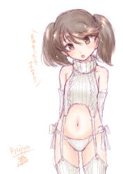 Rule 34 | 1girl, alternate costume, artist name, brown eyes, brown hair, cable knit, commentary request, cowboy shot, dated, detached sleeves, flat chest, garter straps, grey garter straps, kantai collection, koshigaya tatsumi, long hair, looking at viewer, meme attire, one-hour drawing challenge, panties, ribbed legwear, ribbed panties, ribbed sleeves, ribbed sweater, ribbed thighhighs, ryuujou (kancolle), side-tie panties, signature, simple background, sketch, sleeveless, sleeveless sweater, sleeveless turtleneck, solo, sweater, translation request, turtleneck, turtleneck sweater, twintails, underwear, virgin destroyer sweater, white background, white garter straps, white panties, white sweater