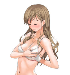 Rule 34 | 00s, 1girl, a1 (initial-g), absurdres, adjusting bra, adjusting clothes, blush, bra, breasts, brown hair, cleavage, closed eyes, collarbone, cross, highres, jewelry, lingerie, long hair, maria-sama ga miteru, medium breasts, navel, necklace, simple background, solo, source request, toudou shimako, underwear, undressing, upper body