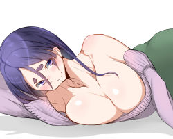 Rule 34 | 1girl, bare shoulders, blue eyes, blue hair, breast press, breasts, closed mouth, collarbone, fate/grand order, fate (series), green skirt, hair between eyes, highres, huge breasts, hyuuman, long hair, looking at viewer, lying, minamoto no raikou (fate), off-shoulder, off-shoulder sweater, off shoulder, on side, parted bangs, purple sweater, short eyebrows, skirt, smile, solo, sweater, upper body