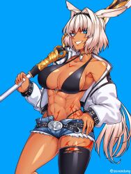 Rule 34 | 1girl, abs, animal ears, belt, bikini, blue background, blue eyes, breasts, caenis (fate), dark-skinned female, dark skin, fate (series), hair ornament, highres, holding, holding weapon, jacket, jewelry, large breasts, looking at viewer, muscular, muscular female, necklace, polearm, short hair, shorts, smile, spear, swimsuit, tattoo, teeth, weapon, white hair, zexen, zexen illust, zexendong