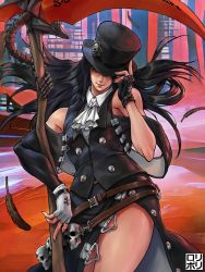 Rule 34 | 1boy, absurdres, androgynous, ascot, asymmetrical gloves, asymmetrical sleeves, bare shoulders, black gloves, black hair, building, buttons, feathers, fingerless gloves, floating hair, gloves, guilty gear, guilty gear strive, hat, hat over one eye, highres, holding, holding weapon, jamrolypoly, long hair, looking at viewer, one eye covered, red background, red eyes, scythe, side slit, signature, skull, straight hair, testament (guilty gear), trap, weapon, white gloves
