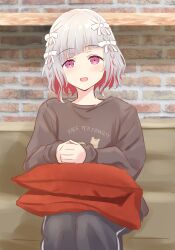 Rule 34 | 1girl, :d, absurdres, black pants, blush, bob cut, braid, brick wall, brown shirt, clothes writing, colored inner hair, commentary request, diagonal bangs, grey hair, hair ribbon, highres, link! like! love live!, long sleeves, looking at viewer, love live!, multicolored hair, open mouth, own hands clasped, own hands together, pants, pillow, pink eyes, red hair, ribbon, sasaki kotoko, shirt, short hair, side braids, sitting, smile, solo, streaked hair, track pants, voice actor connection, wavy hair, white ribbon, yugiri tsuzuri, yutuki ame