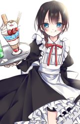 Rule 34 | 1girl, apron, black dress, black hair, blue eyes, blush, bow, bowtie, braid, collared dress, dress, highres, juliet sleeves, long dress, long sleeves, maid, maid apron, original, parfait, puffy sleeves, red bow, red bowtie, smile, solo, tenti0619, tongue, tray