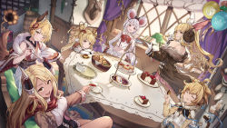 Rule 34 | 6+girls, andira (granblue fantasy), anila (granblue fantasy), animal ears, back, balloon, bell, blonde hair, brooch, cake, cherry, cookie, cup, dog ears, dog girl, dog tail, eating, erune, fake animal ears, food, fruit, granblue fantasy, harvin, heart, heart brooch, hentai kuwa, highres, horns, jewelry, jingle bell, kumbhira (granblue fantasy), licking lips, long hair, looking at viewer, looking back, mahira (granblue fantasy), monkey ears, multiple girls, open mouth, paw pose, plate, red eyes, sandwich, sitting, strawberry, tail, teacup, teapot, tongue, tongue out, two side up, vajra (granblue fantasy), vikala (granblue fantasy), white hair