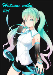 Rule 34 | 1girl, black background, black shorts, blue necktie, character name, cowboy shot, detached sleeves, floating hair, gradient hair, green eyes, green hair, hair between eyes, hand on headphones, hatsune miku, highres, long hair, looking at viewer, multicolored hair, necktie, pink hair, see-through silhouette, shirt, short shorts, shorts, simple background, sleeveless, sleeveless shirt, smile, solo, standing, twintails, two-tone hair, very long hair, vocaloid, white shirt, zuiai gongzhu dianxia
