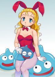 Rule 34 | 1girl, animal ears, bare shoulders, blonde hair, blue eyes, blush, bow, bowtie, breasts, detached collar, dragon quest, dragon quest iii, fake animal ears, highres, jester (dq3), leotard, long hair, looking at viewer, orizen, pantyhose, playboy bunny, rabbit ears, sitting, slime (dragon quest), small breasts, square enix, wrist cuffs