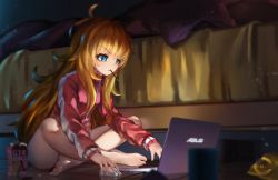 Rule 34 | 10s, 1girl, asus, bare legs, barefoot, bed, blonde hair, blue eyes, c.mi, computer, dark, feet, food, gabriel dropout, gabriel tenma white, highres, indian style, jacket, laptop, long hair, messy hair, mouse (animal), mouth hold, on floor, pocky, sitting, solo, toes, track jacket, very long hair