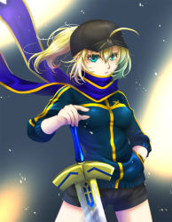 Rule 34 | 1girl, ahoge, aqua eyes, artoria pendragon (fate), baseball cap, black hat, black shorts, blonde hair, blue scarf, blue sweater, chi wa, cowboy shot, fate/grand order, fate (series), floating hair, frown, hand in pocket, hand on hilt, hat, index finger raised, long hair, long sleeves, looking at viewer, mysterious heroine x (fate), ponytail, scarf, short shorts, shorts, solo, standing, sweater