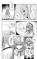 Rule 34 | !, 2girls, ahoge, animal ears, bare shoulders, beret, bow, bowtie, braid, breasts, center frills, cleavage, cleavage cutout, closed eyes, clothing cutout, coat, comic, commentary request, daifuku (yukihana lamy), elf, flower, frills, furigana, greyscale, hair between eyes, hair flower, hair ornament, hat, heart, heart ahoge, highres, hololive, hololive alternative, large breasts, lion ears, lion girl, long sleeves, looking at another, matsubara tsuyoshi, monochrome, multiple girls, open mouth, pointy ears, shishiro botan, sidelocks, sitting, sitting on log, spoken exclamation mark, translated, virtual youtuber, yukihana lamy