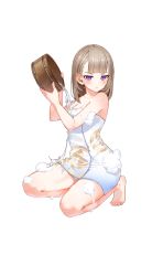 Rule 34 | 1girl, barefoot, blush, bucket, full body, highres, holding, holding bucket, light brown hair, looking at viewer, naked towel, official art, parted lips, pouring, pouring onto self, purple eyes, shirohime quest, soap bubbles, solo, squatting, towel, transparent background, wet
