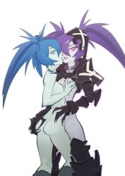 Rule 34 | 10s, 2girls, armor, ass, ass grab, black rock shooter, black rock shooter (character), blue eyes, blue hair, grabbing another&#039;s breast, breasts, clothed female nude female, colored skin, dual persona, french kiss, gauntlets, grabbing, greaves, grey skin, groping, hair over one eye, highres, insane black rock shooter, kiss, multiple girls, nipples, nude, purple eyes, purple hair, selfcest, small breasts, the pink pirate, tongue, tongue out, twintails, yuri